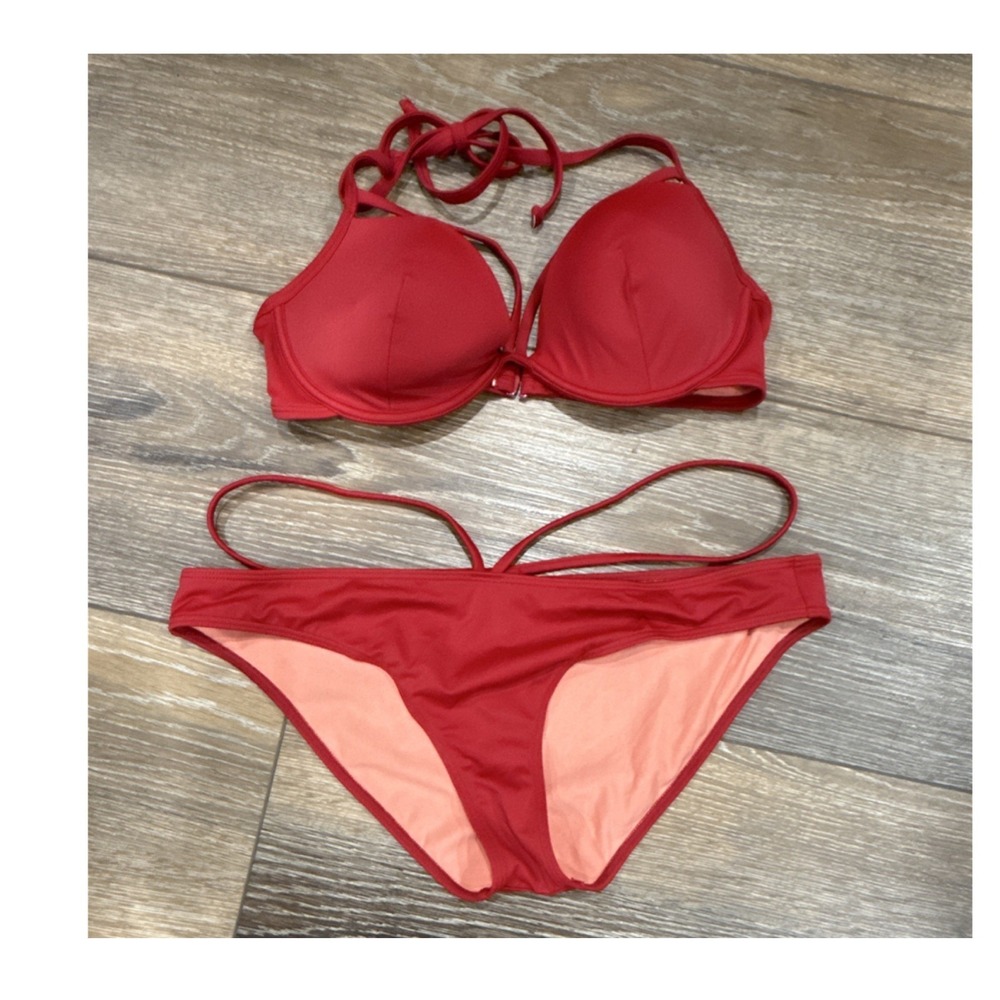 Adore Me Women's 2 Pc Bikini Set Red 34C Halter Top L Bottom Adjustable Straps